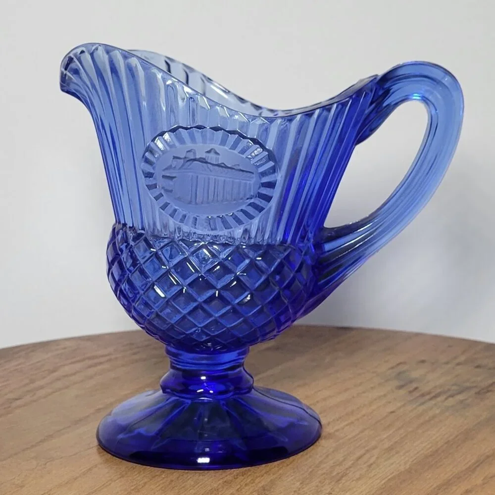 Vintage Avon Fostoria Glass Ribbed Cobalt Blue Mt. Vernon Creamer Sauce Pitcher